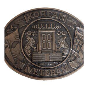 Korean War Veteran Brass Belt Buckle Military Collectible Dragon & Flags